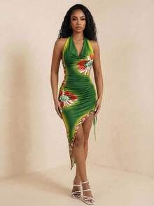 Eryvara Vestido ajustado sin mangas con cuello con volantes y bajo asimétrico, estampado floral, para vacaciones con estilo bohemio de mujer - Verde - Ver 5