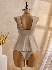 Bellisia Women's Solid Color Tie-Front Tankini Top And Triangle Bottoms Swimwear Set, Suitable For Summer Holiday Beach Holiday Khaki Boho - Camel - View 2