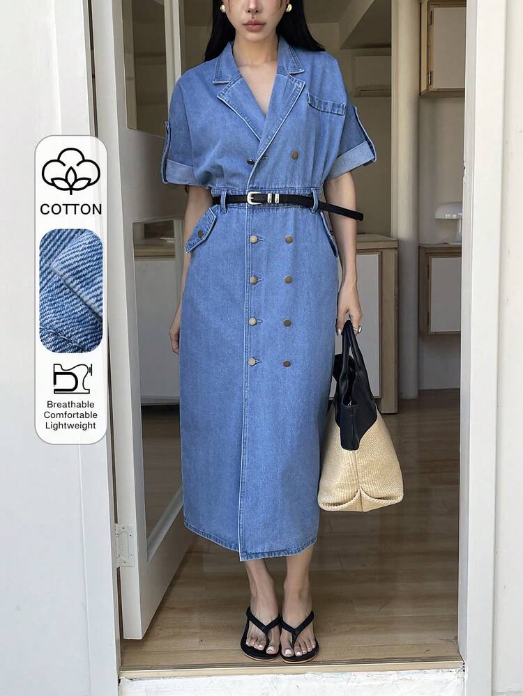 Women's Casual Denim Dress With Pockets And Lapel Collar, Summer