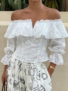 DAZY Elegant Casual Off Shoulder Lace White Blouse For Women, Spring & Summer Boho Vacation Outfits Women - White - View 5