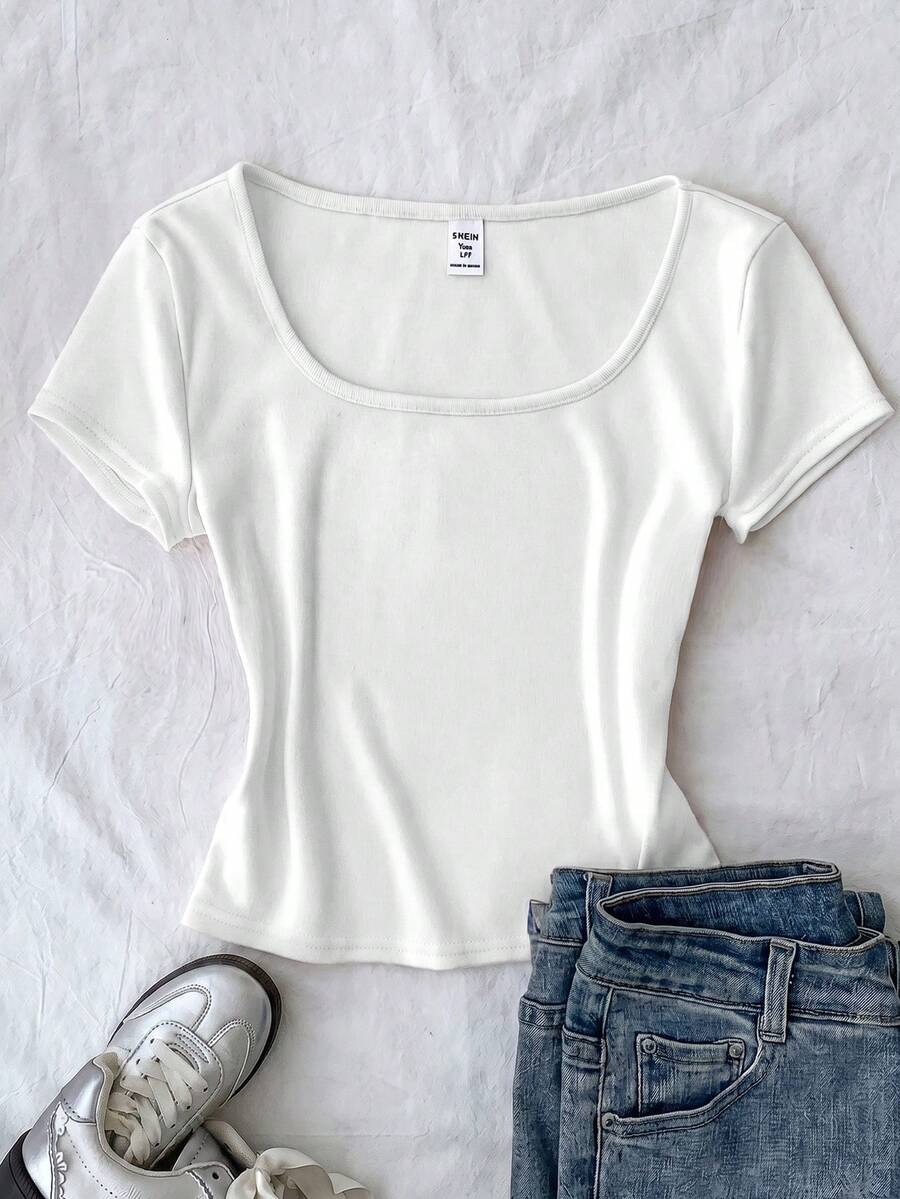 SHEIN Tween Girl Plain Short Sleeve Casual Versatile T-Shirt - White - View 1