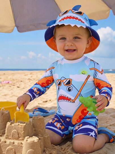 SHEIN 男婴蜘蛛图案蓝条纹撞色长袖防晒泳衣，适合度假、海滩、冲浪，男婴泳装，长袖泳衣