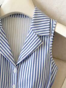 SHEIN Franclia Áo liền thân nữ kiểu Pháp thanh lịch, dệt kim kẻ sọc, cổ polo, thiết kế cài nút và thắt nơ, thích hợp cho mùa hè đi biển, kỳ nghỉ và mặc thường ngày. - Xanh và trắng - Xem 6