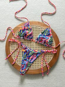 SHEIN Swim Vcay 女士复古印花露背系带性感丁字裤比基尼套装，适合海滩度假 - 彩色 - 查看 2