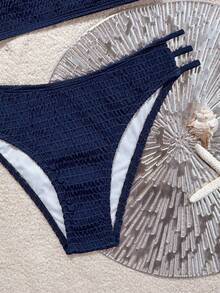 SHEIN Swim Conjunto de bikini de 2 piezas para mujer con parte superior sin tirantes tipo bandeau, espalda descubierta, corte alto en los laterales y sexy para vacaciones, color marrón, Primavera/Verano 2026 - Azul Marino - Ver 4