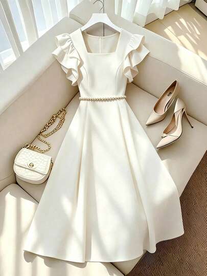 GlowEve CURVE Plus Size Women's Elegant White Cap Sleeve Pearl Waist Slim Fit Commuter Dress, Spring/Summer