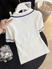 GlowEve CURVE Plus-Size Spring Casual & Commute Wear: Tops & T-Shirts - Casual Color-Block Polo Shirt With Metal Button Accents (Women's Office Attire) - Blue and White - View 2