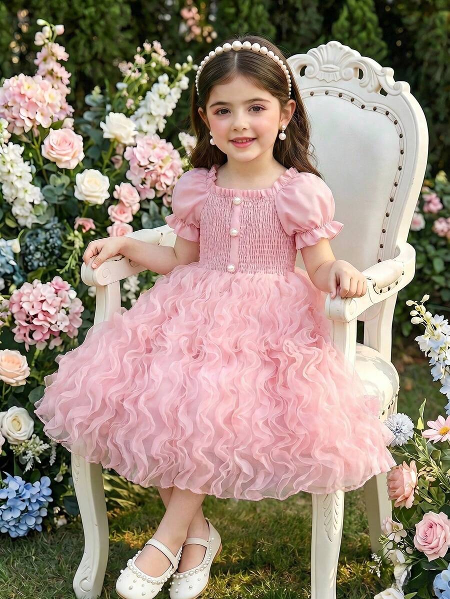 Glamorique Kids Đầm lưới tay cánh hoa đính cúc ngọc trai thanh lịch cho bé gái, chân váy xếp ly, thích hợp cho tiệc sinh nhật, mặc hàng ngày, mùa xuân/hè.