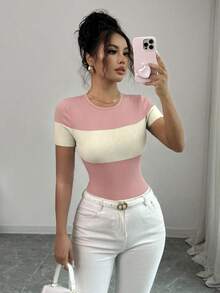 Camiseta de manga corta de mujer con cuello redondo, estilo casual y versátil de uso diario, con bloques de color - Rosa - Ver 5
