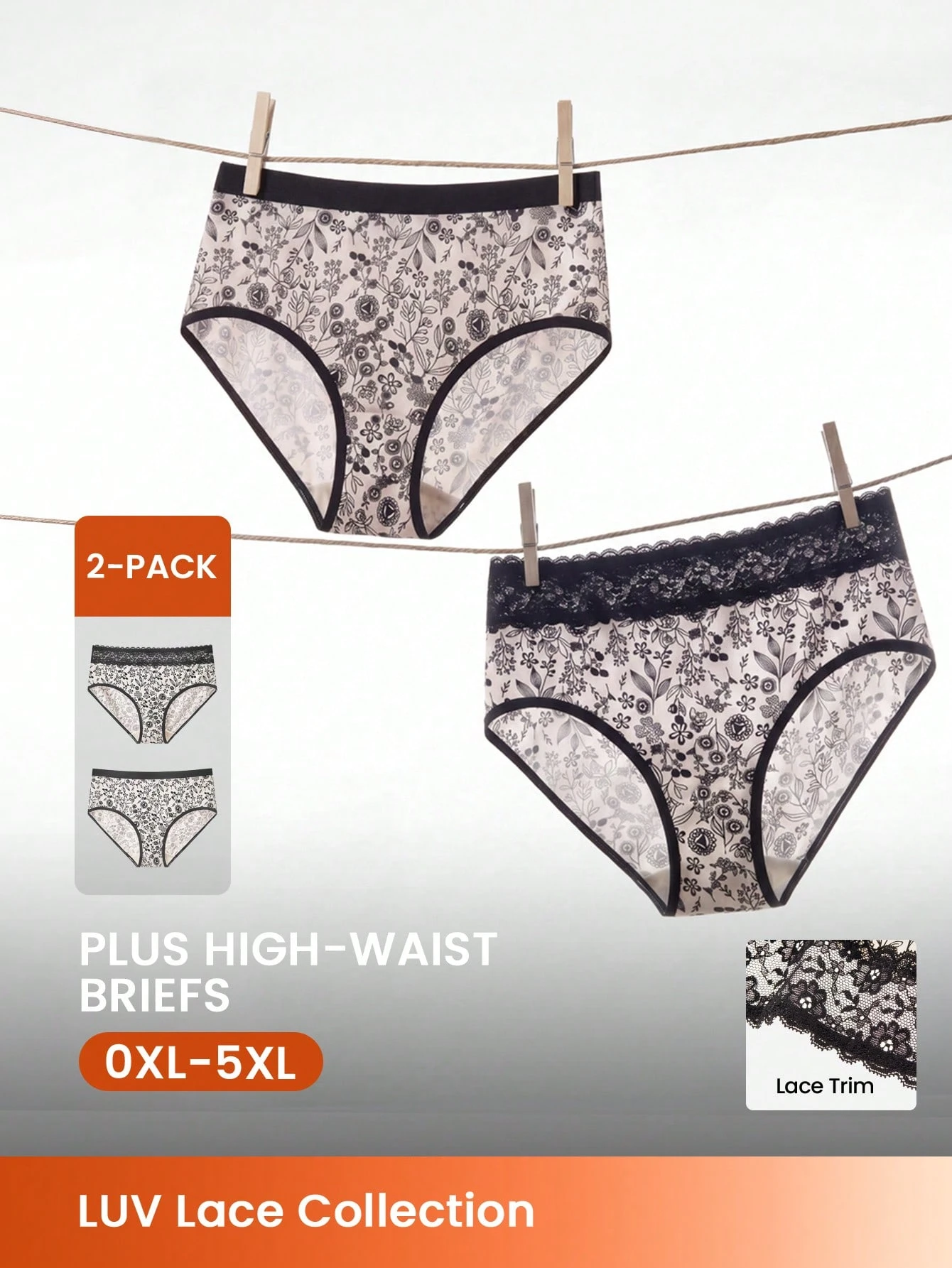 2 paquets de sous-vêtements confortables, respirants et doux à taille basse avec dentelle florale - Noir, à la mode actuelle