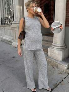 MaterniWear 孕妇休闲侧扣吊带背心和裤子两件套，方便哺乳，夏季 - 灰色 - 查看 2