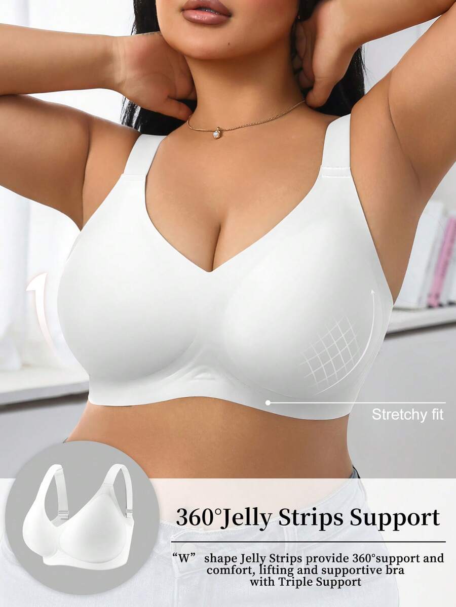 1 pieza Sujetador inalámbrico de talla grande para mujer, de unicolor, minimalista y cómodo, con copa de gel de soporte no extraíble - Blanco - Ver 1