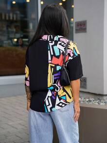 SAYEHFBABY Fashionable Contrast Color Print Patchwork Button Up Oversized Shirt - Multicolor - View 2
