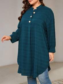 Veilorie Plus Size Striped Texture Loose Long Shirt Fall - Green - View 6