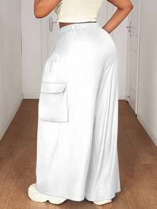 Plus Size Women's Fashion Utility Pocket Drawstring Waist Casual Pants - White - View 2