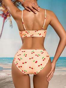 Swim Mod Plaid & Cherry Print Spaghetti Strap Bikini Swimwear - Orange - View 2