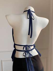 SHEIN EZwear 女士夏季纯色褶皱露背吊带抽绳上衣 - 藏蓝色 - 查看 2