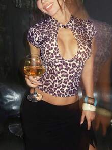 SHEIN Jeanoir 女士豹纹镂空设计休闲百搭日常衬衫 - 紫色 - 查看 6