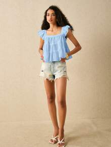 SHEIN Frenchy Women's Solid Color Square Neck Cap Sleeve Loose Blouse,Summer Top - Baby Blue - View 5