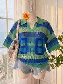 Comfortcana Plus Size Vacation Casual Colorblock Striped Hollow Out Knit Top - Blue - View 4