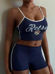 Livesso 2pcs/Set Women Summer Graphic Print Contrast Trim Camisole And Shorts Pajama Set - Black - View 8