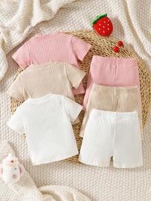SHEIN Newborn Unisex Baby Apparel Pure Cotton Clothing 3 PiecesBundle Pink Summer Casual Cute Family Matching Textured Fruit Embroidery Infant Clothes Ootd - Multicolor - View 5