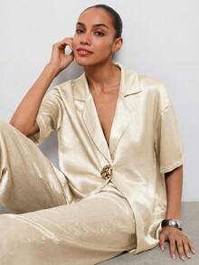 MAIJA Champagne Gold Summer Elegant Dining Women's Satin 2 Pieces Set,Tailored Double Breasted Slim Fit Blazer,Lounge Suits,Prom Holiday Outfits - Beige - View 1