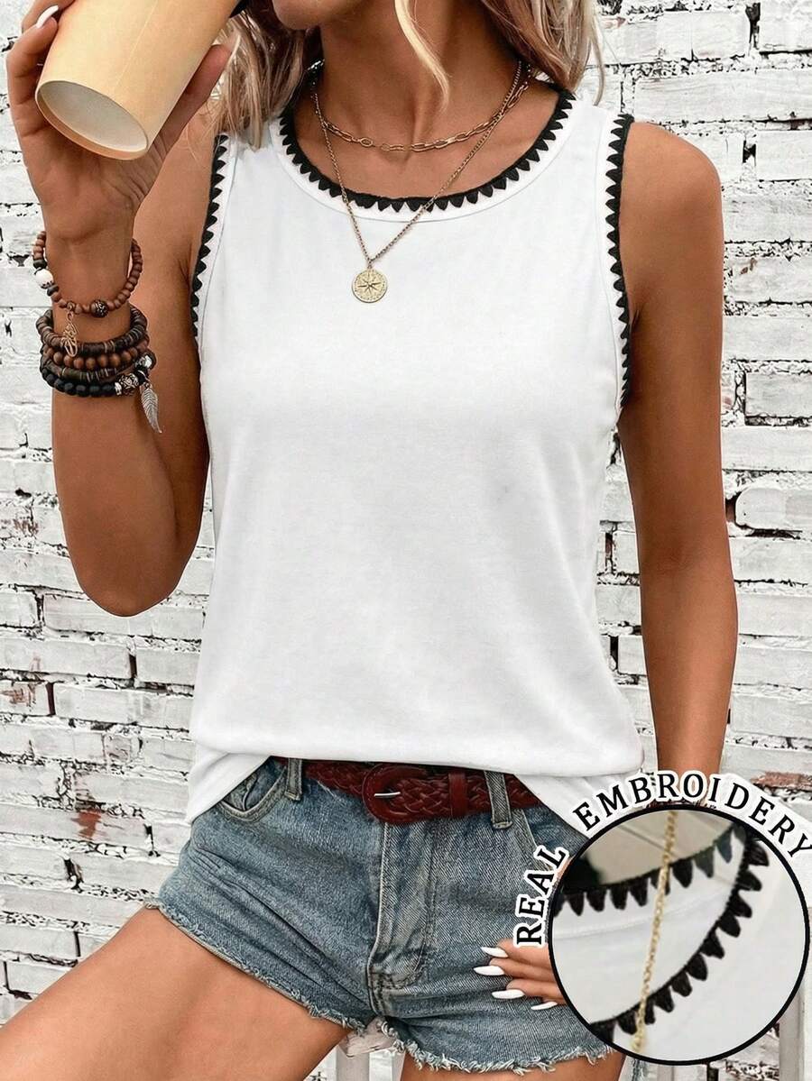 SHEIN LUNE Vintage Coin Embroidery Shell Trim Embroidered Casual Minimalist Summer Women Tank Top, Suitable For Beach Vacation - White - View 1