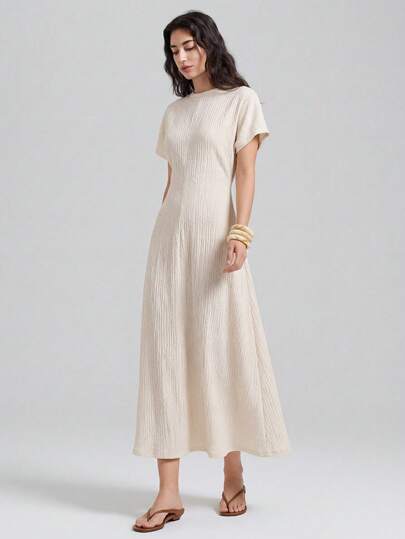 Ontre Women's Apricot Textured Fabric High Elasticity Loose Fit Short Sleeve Gathered Waist A-Line Dress, Versatile For All Seasons, Chic Urban Casual Business Wear, High-Quality Airport/Cruise/Wedding Guest Attire All-Season Versatile Modern Urban Fashion Business Casual Women's Wear Office Attire Understated Old-Money Style, Elegant And Sophisticated, High-Quality Commuter And Airport Clothes