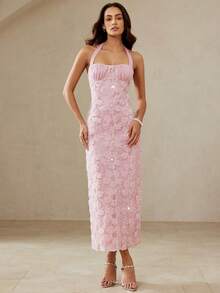 BELROSIE Pink Floral Summer Flower Power Birthday Party Holiday Cutout Embroidered 3D Flower Beaded Ruched Bust Halter Backless Fitted Mermaid Dress,Elegant - Pink - View 2