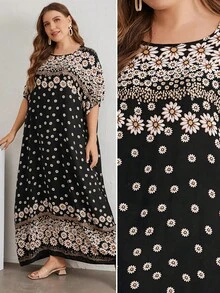 SHEIN Najma CURVE Plus Batwing Sleeve Floral Print Dress - Black - View 5