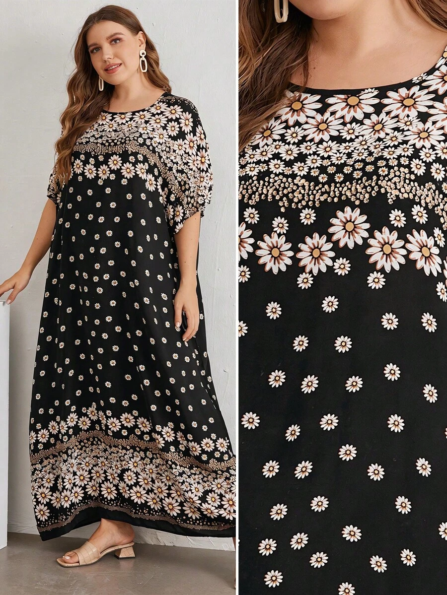 SHEIN Najma CURVE 大碼蝙蝠袖花卉圖案洋裝