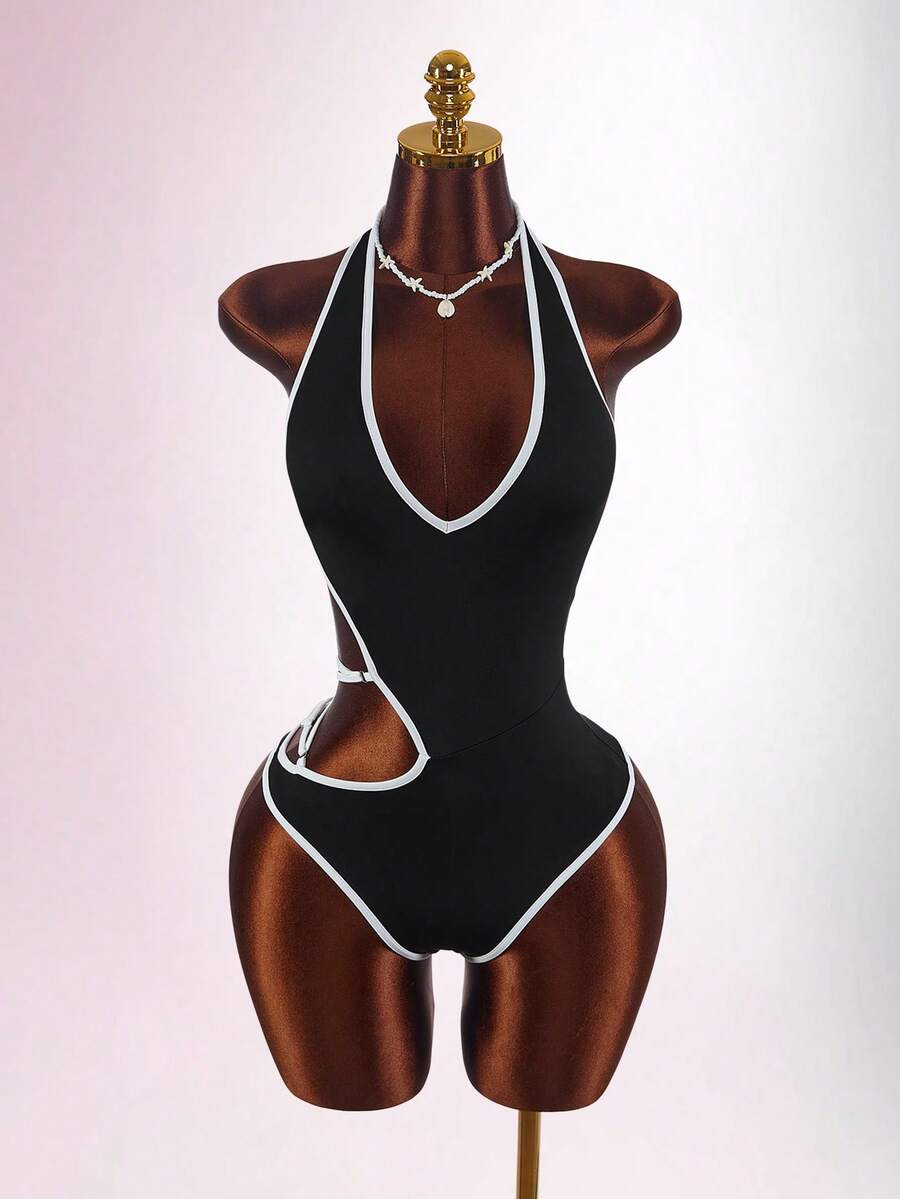 Amplova Vacation Black & White Halter Backless Bodysuit, Sexy & Avant-Garde Backless Strap Detail - Black and White - View 1