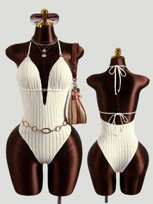 Bonvoyette Women's Summer Cute White Textured Halter Backless One-Piece Swimsuit, Elegant Sexy Beach Swimming Vacation Swimwear With Removable Bra Pads - Light Yellow - View 6