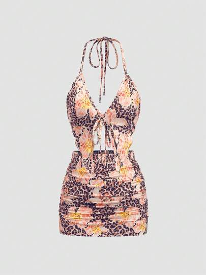Optris Leopard Floral All-Over Print V-Neck Backless Halter Crop Top And Ruffle Mini Skirt Two Pieces Set, Casual Vacation Sexy Party Design For Women, Spring/Summer