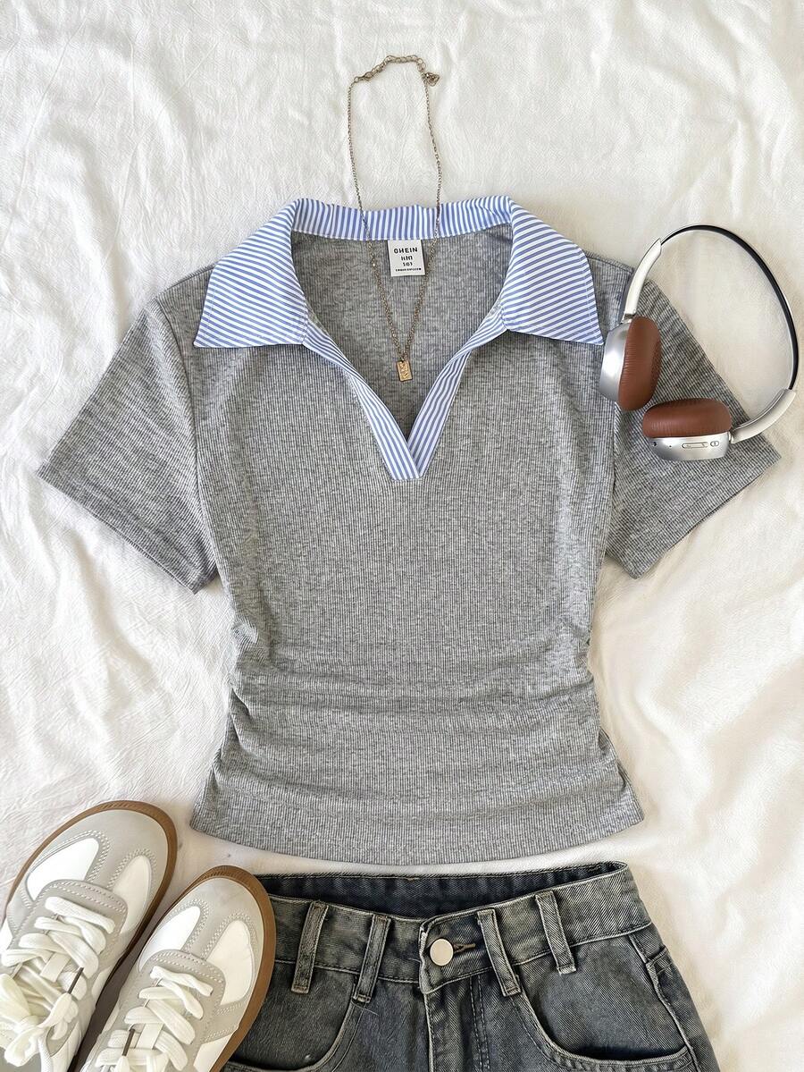 SHEIN Tween Girl/Tween Girls' Navy Collar Grey Knit Casual Colorblock Fitted Waist T-Shirt, Striped Patchwork Tee - Grey - View 1