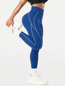 Easithlete 女士高腰弹力缝线细节运动紧身裤 - 藍色 - 查看 3