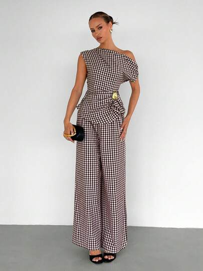 Siren Gaze Women's Chic Plaid One Shoulder Peplum Top And Wide Leg Pants Two Piece Set Elegant Summer Outfit, New Brown Plaid Shoulder Metal Decor Outfit For Women, Women's Plaid Blouse And Wide Leg Pants Set