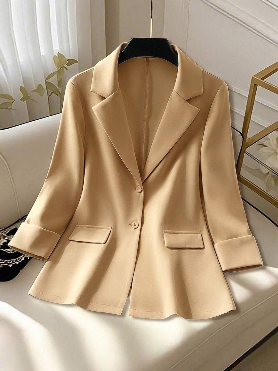EMERY ROSE Blazer casual de mujer de unicolor con cuello de solapa y manga larga - Caqui - Ver 1