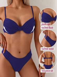 Swim SPRTY Bộ bikini 2 mảnh màu đen gợi cảm dành cho nữ, gồm áo quây và quần bơi xếp ly, thích hợp mặc đi biển mùa hè. - Màu xanh hải quân - Xem 3
