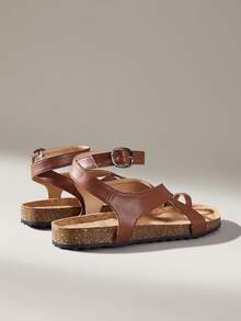 Solecia Women Shoes Spring And Summer New Models, Open-Toed Round Toe Design, Cross Multi-Buckle Decoration, Slip-On Exposed Heel, Comfortable And Simple Vacation, Women's Flat Shoes, A Must For Commuting, Casual And Versatile - Brown - View 3