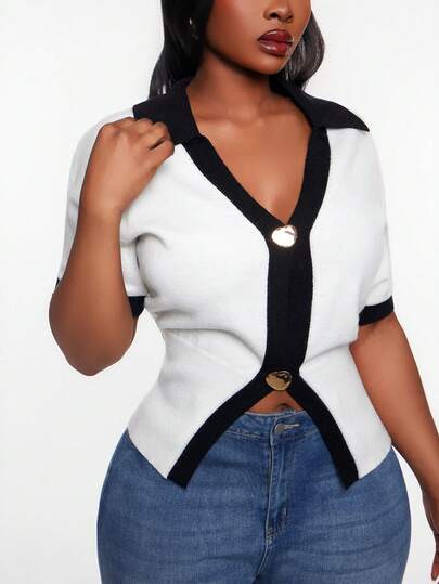 Radiana 大码女式春夏时尚休闲优雅简约黑白撞色针织开衫