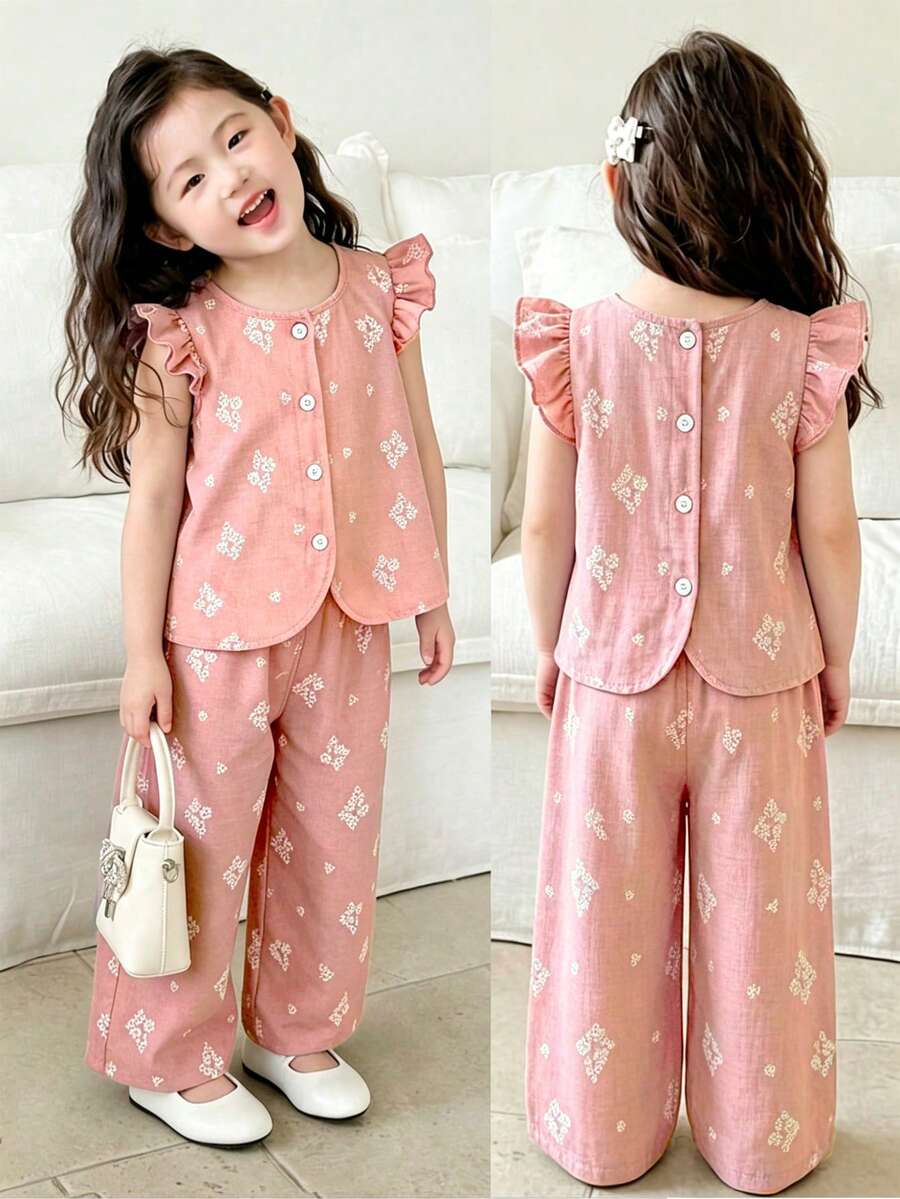 Elladie kids 女童（小号）春夏休闲简约韩版两件套。编织花卉印花纹理面料。白色无袖圆领上衣，后背纽扣门襟设计，搭配同色系休闲裤。适合年轻女孩，韩版简约风格，可爱淑女，适合日常、上学、外出、度假等休闲场合穿着。春夏款 - 粉色 - 查看 1