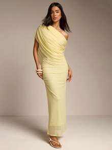 Women's Elegant Asymmetric Ruched Draped Neck Mesh Fitted Dress, Suitable For Spring/Summer, Garden Party, Date, Valentine's Day, Wedding Guest, Beach Vacation - Yellow - View 5