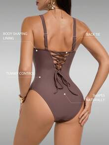 Shapewave Traje de baño de una pieza de color azul verdoso sólido con efecto ondulado, con cuello en V y diseño de soporte para estilizar la figura. Elegante, sexy y casual, ideal para fiestas en la playa, partidos de voleibol, festivales de música y citas nocturnas en la playa. - Agua verde azul - Ver 6