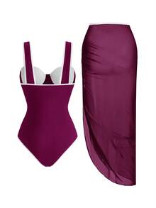 Swim Oasis Traje de baño de una pieza de color sólido + falda para mujer, conjunto de salida para primavera/verano - Burdeos - Ver 2