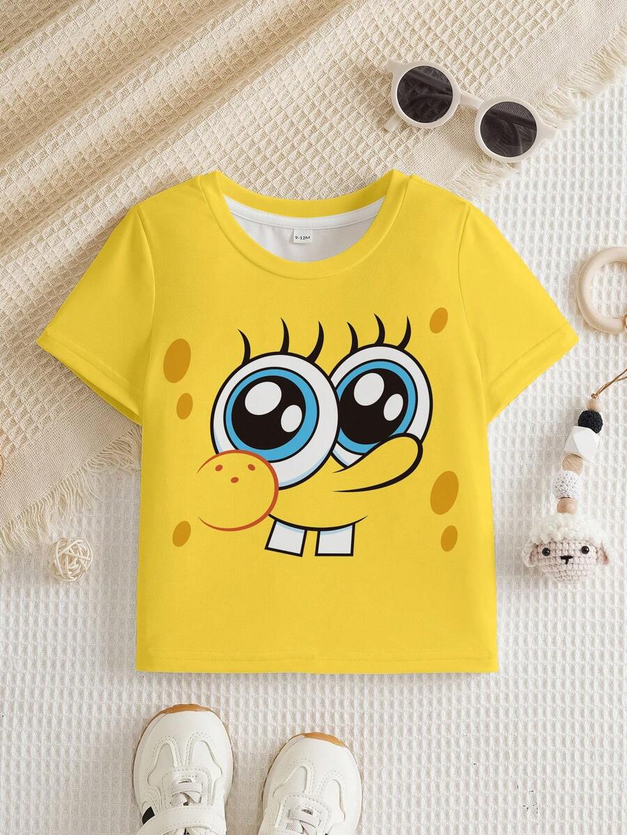 SpongeBob SquarePants | SHEIN 女童卡通印花圆领短袖上衣 - 白色 - 查看 1