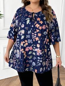 SHEIN CURVE+ Plus Size Valentine's Day Casual All-Over Print Raglan Sleeve Shirt, Spring/Summer - Navy Blue - View 6