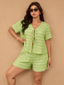 Elaquor Plus Size Summer Vacation Solid Color Textured Front Tie Short Sleeve Top And Shorts 2 Pieces Set - Green - View 6