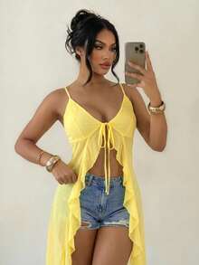Swim SXY 2026 New Spring/Summer Sexy Romantic Vacation Style Chiffon Ruffle Tie-Up Slit Mid-Length Camisole Design, Spaghetti Strap Deep V-Neck With Front Drawstring Ruffle Splice Side Slit Chiffon Fabric Design, Fitted Mid-Length Style Women Camisole, Light Yellow Women Sexy Camisole - Light Yellow - View 4